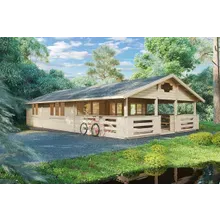Blockhaus mit zwei Schlafzimmern “Holiday F” 8x13m | Zweizimmer-Blockhaus mit großer Veranda | Maßgeschneidertes Gartenhaus Blockhaus mit zwei Schlafzimmern “Holiday F” 8x13m | Zweizimmer-Blockhaus mit großer Veranda | Maßgeschneidertes Gartenhaus