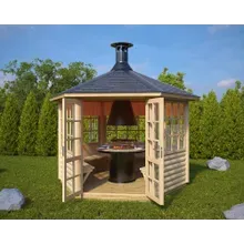 Grillhütte “Seattle” 3x3m | Sechseckige Garten-Grillhütte mit Sitzgelegenheiten und Holzkohlegrill | Indoor-Garten-Grill Grillhütte “Seattle” 3x3m | Sechseckige Garten-Grillhütte mit Sitzgelegenheiten und Holzkohlegrill | Indoor-Garten-Grill