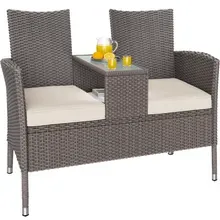 Bank 2-Sitzer Creme mit integriertem Tisch Glasplatte Ablage wetterfest Bank 2-Sitzer Creme mit integriertem Tisch Glasplatte Ablage wetterfest