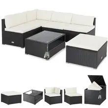 Casaria® Polyrattan Ecklounge Schwarz/Creme mit Polyrattan Auflagenbox Schwarz Casaria® Polyrattan Ecklounge Schwarz/Creme mit Polyrattan Auflagenbox Schwarz