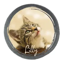 Runde Schiefertafel mit Katzenfoto und Name Runde Schiefertafel mit Katzenfoto und Name