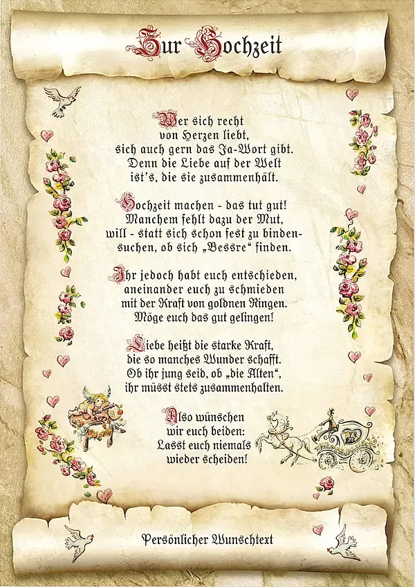 Urkunde zur Hochzeit mit Ihrem Wunschtext Urkunde zur Hochzeit mit Ihrem Wunschtext