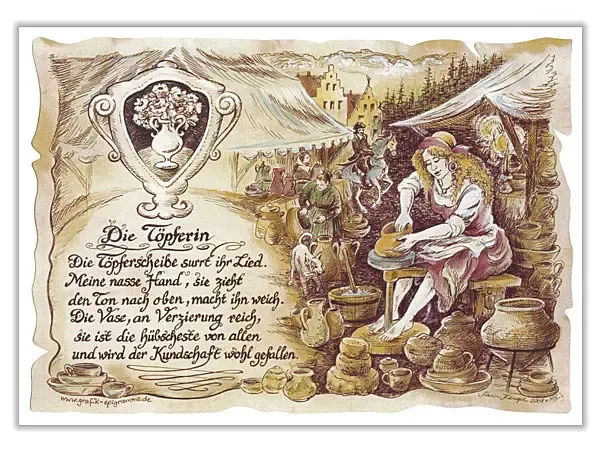 Zunftbild Töpferin auf Antikpapier im A4-Format Zunftbild Töpferin auf Antikpapier im A4-Format