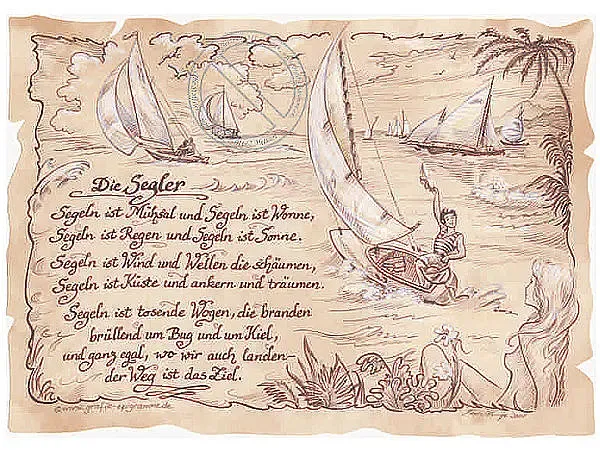 Sportbild Segler auf Antikpapier im A4-Format Sportbild Segler auf Antikpapier im A4-Format