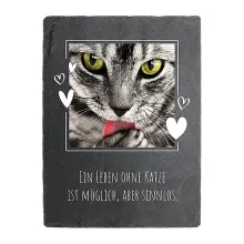 Schiefertafel mit Katzenfoto und Wunschtext Schiefertafel mit Katzenfoto und Wunschtext