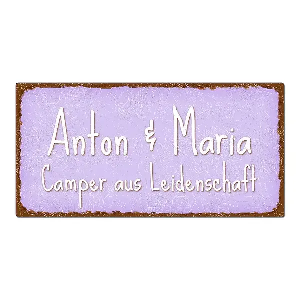 Blechschild im Vintage Look mit Wunschtext 300 x 150mm violett/braun Blechschild im Vintage Look mit Wunschtext 300 x 150mm violett/braun