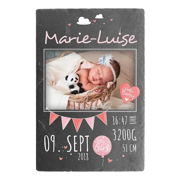 Geschenk zur Geburt eines Babys Schieferschild mit Foto - 20 x 30 cm - Design für Mädchen Geschenk zur Geburt eines Babys Schieferschild mit Foto - 20 x 30 cm - Design für Mädchen