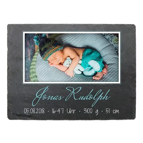 Geschenk zur Geburt eines Kindes: Schieferschild mit Foto & Daten - 200 x 150 mm - Design Junge Geschenk zur Geburt eines Kindes: Schieferschild mit Foto & Daten - 200 x 150 mm - Design Junge