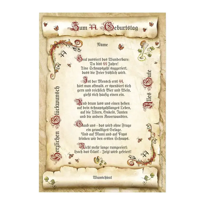 Urkunde zum 44. Geburtstag mit Ihrem Wunschtext Urkunde zum 44. Geburtstag mit Ihrem Wunschtext