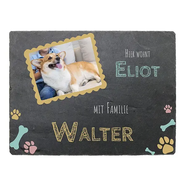 Türschild aus Schiefer mit Foto, Name und Hundename 30 x 20 cm Türschild aus Schiefer mit Foto, Name und Hundename 30 x 20 cm