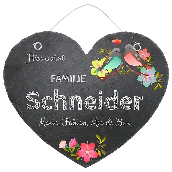 Türschild in Herzform aus Schiefer Blumen und Vögel in der Größe 24 cm Design Birds Türschild in Herzform aus Schiefer Blumen und Vögel in der Größe 24 cm Design Birds