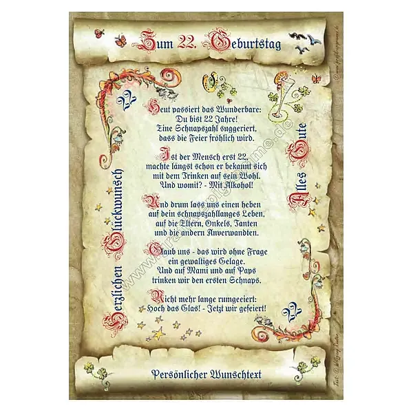 Urkunde zum 22. Geburtstag mit Ihrem Wunschtext Urkunde zum 22. Geburtstag mit Ihrem Wunschtext