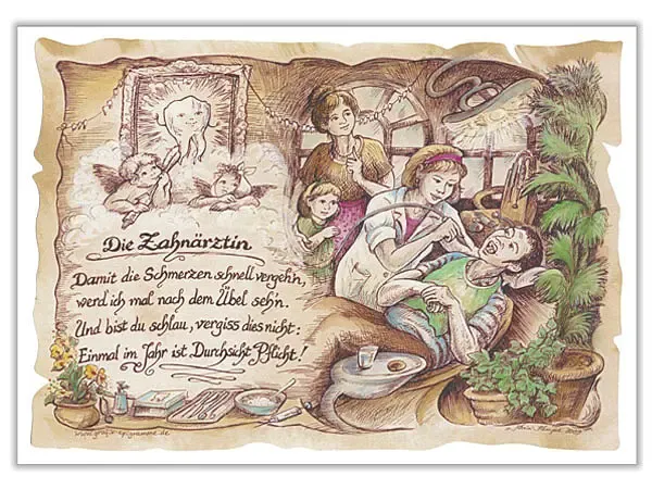 Zunftbild Zahnärztin auf Antikpapier im A4-Format Zunftbild Zahnärztin auf Antikpapier im A4-Format