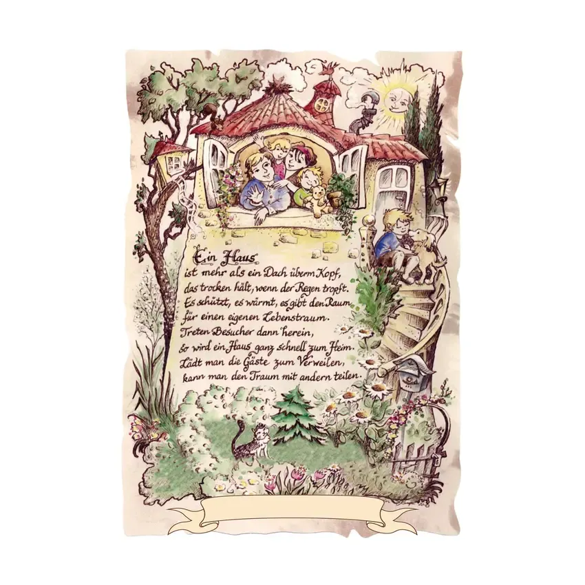 Kunstbild Haus auf Antikpapier im A4-Format Kunstbild Haus auf Antikpapier im A4-Format