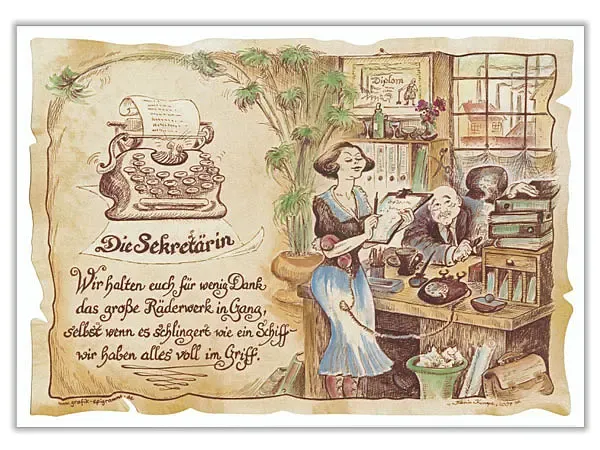 Zunftbild Sekretärin auf Antikpapier im A4-Format Zunftbild Sekretärin auf Antikpapier im A4-Format