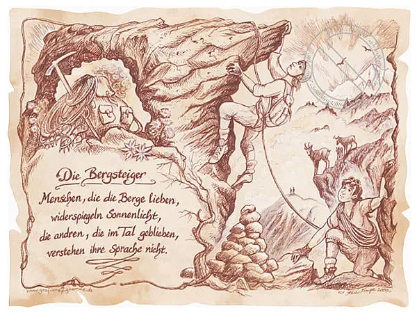 Sportbild Bergsteiger auf Antikpapier im A4-Format Sportbild Bergsteiger auf Antikpapier im A4-Format