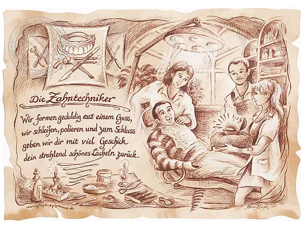 Zunftbild Zahntechniker auf Antikpapier im A4-Format Zunftbild Zahntechniker auf Antikpapier im A4-Format