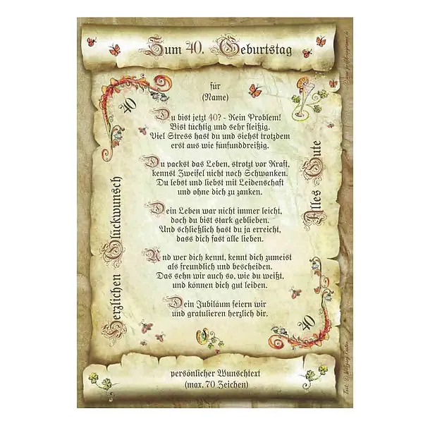 Urkunde zum 40. Geburtstag mit Ihrem Wunschtext Urkunde zum 40. Geburtstag mit Ihrem Wunschtext