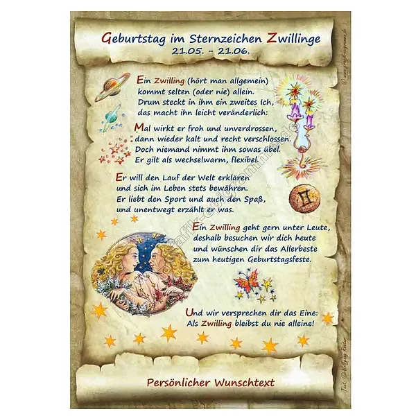 Urkunde zum Geburtstag - Sternzeichen Zwillinge Urkunde zum Geburtstag - Sternzeichen Zwillinge
