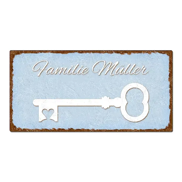 Dekoschild im Vintage Look mit Wunschtext 200 x 100mm hellblau/braun Dekoschild im Vintage Look mit Wunschtext 200 x 100mm hellblau/braun