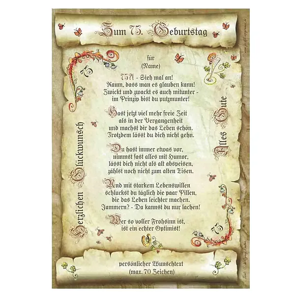 Urkunde zum 75. Geburtstag mit Ihrem Wunschtext Urkunde zum 75. Geburtstag mit Ihrem Wunschtext