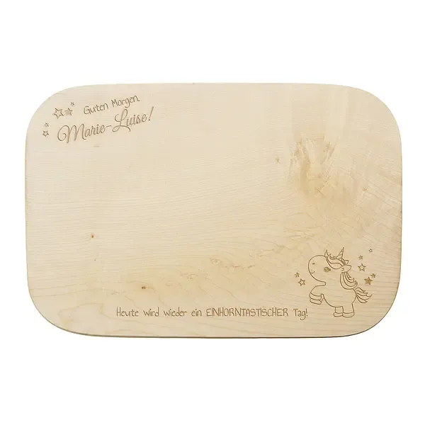 Gravierter Name auf Frühstücksbrett mit Einhorn 28x19x1,5 cm Gravierter Name auf Frühstücksbrett mit Einhorn 28x19x1,5 cm