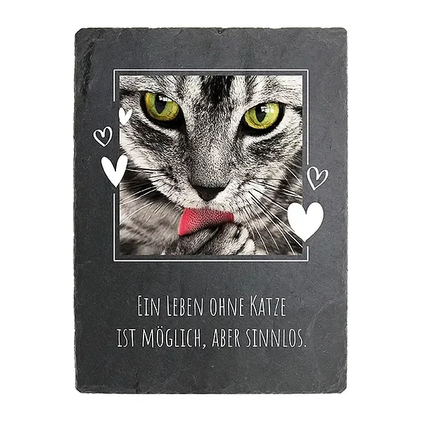 Schiefertafel mit Katzenfoto und Wunschtext Schiefertafel mit Katzenfoto und Wunschtext
