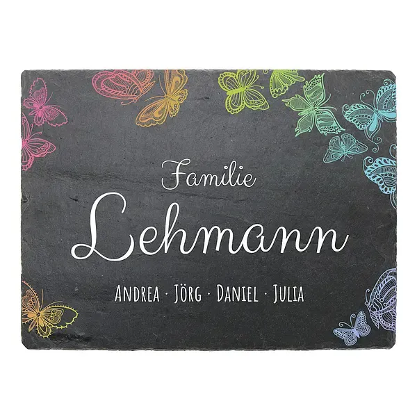 Farbig bedrucktes Schiefertürschild mit Schmetterlingen und Namen 20 x 15 cm Farbig bedrucktes Schiefertürschild mit Schmetterlingen und Namen 20 x 15 cm
