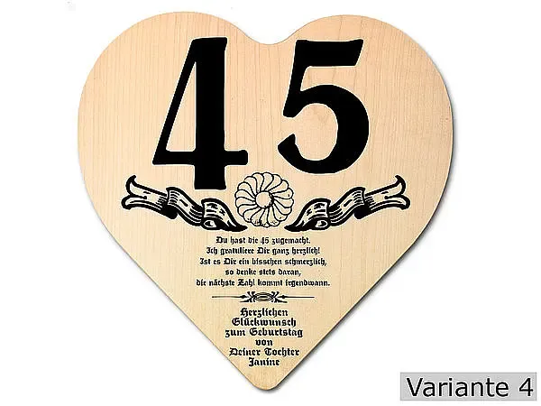 Herz Holzschild mit Wunschtext Geschenk zum 45. Geburtstag Herz Holzschild mit Wunschtext Geschenk zum 45. Geburtstag