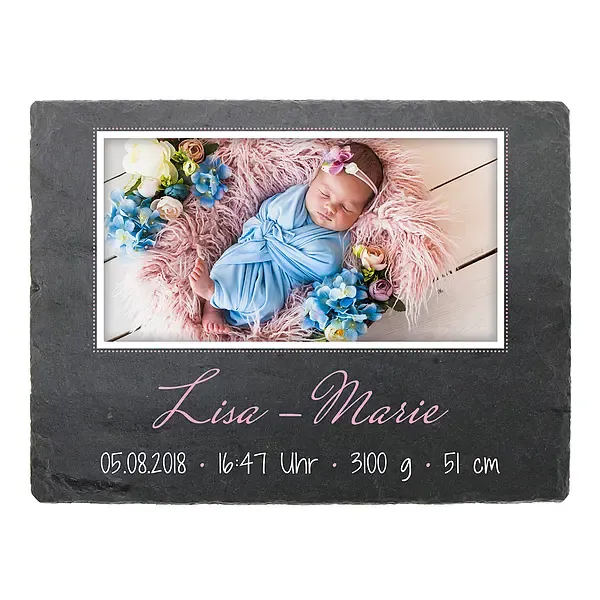 Geschenkidee zur Geburt Schieferschild mit Foto & Geburtsdaten - 200 x 150 mm - Design Mädchen Geschenkidee zur Geburt Schieferschild mit Foto & Geburtsdaten - 200 x 150 mm - Design Mädchen