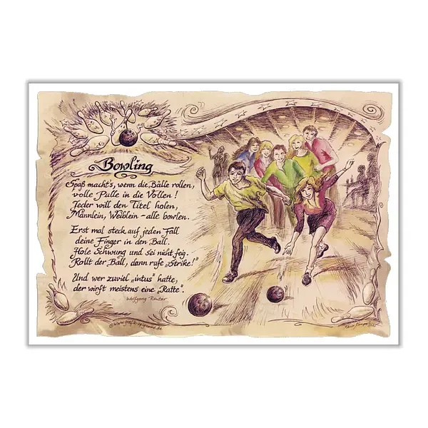 Sportbild Bowling auf Antikpapier im A4-Format Sportbild Bowling auf Antikpapier im A4-Format