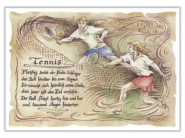 Sportbild Tennis auf Antikpapier im A4-Format Sportbild Tennis auf Antikpapier im A4-Format