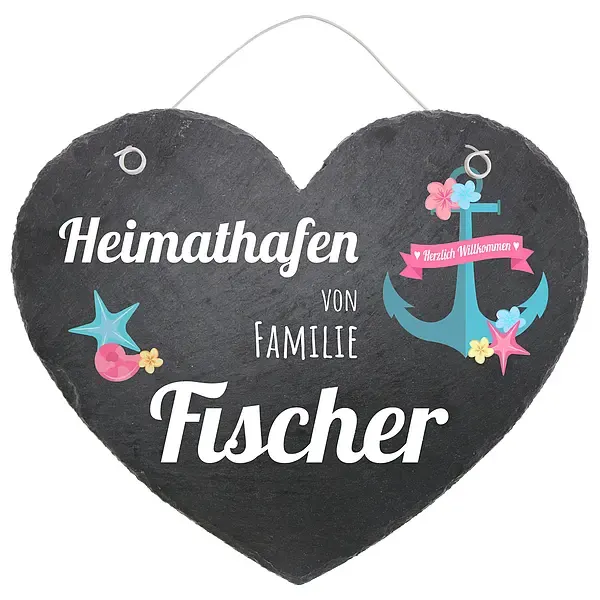 Türschild in Herzform aus Schiefer Motiv Heimathafen in der Größe 24 cm Design Maritim Türschild in Herzform aus Schiefer Motiv Heimathafen in der Größe 24 cm Design Maritim