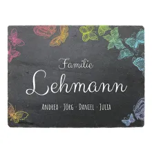 Farbig bedrucktes Schiefertürschild mit Schmetterlingen und Namen 20 x 15 cm Farbig bedrucktes Schiefertürschild mit Schmetterlingen und Namen 20 x 15 cm