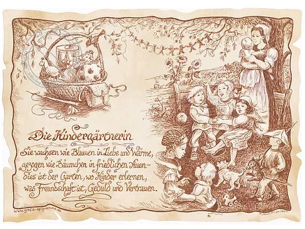 Zunftbild Kindergärtnerin auf Antikpapier im A4-Format Zunftbild Kindergärtnerin auf Antikpapier im A4-Format
