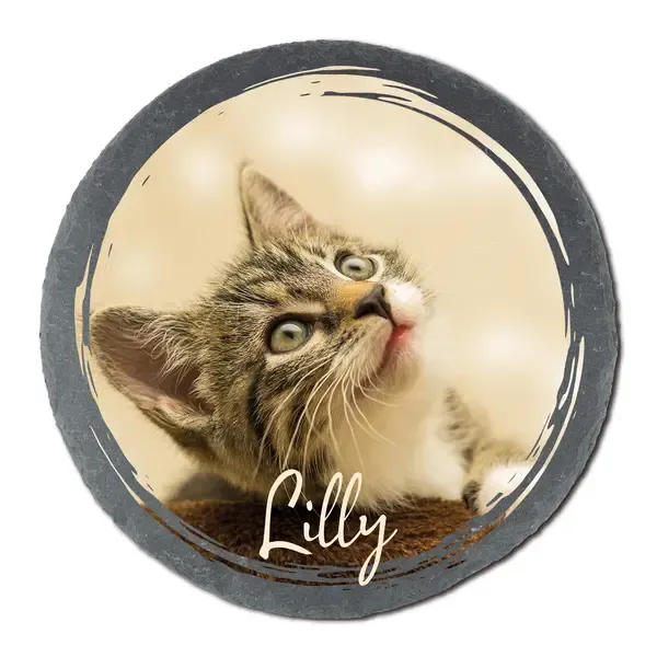 Runde Schiefertafel mit Katzenfoto und Name Runde Schiefertafel mit Katzenfoto und Name