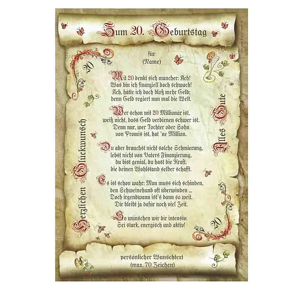Urkunde zum 20. Geburtstag mit Ihrem Wunschtext Urkunde zum 20. Geburtstag mit Ihrem Wunschtext
