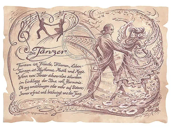 Hobbybild Tanzen auf Antikpapier im A4-Format Hobbybild Tanzen auf Antikpapier im A4-Format