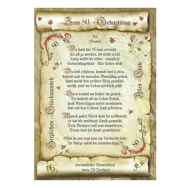 Urkunde zum 80. Geburtstag mit Ihrem Wunschtext Urkunde zum 80. Geburtstag mit Ihrem Wunschtext