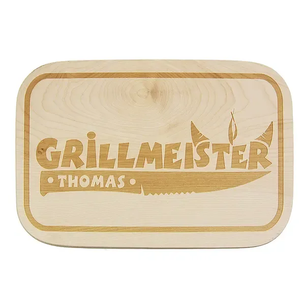 Schneidbrett aus Holz mit Wunschname Motiv Grillmeister Schneidbrett aus Holz mit Wunschname Motiv Grillmeister