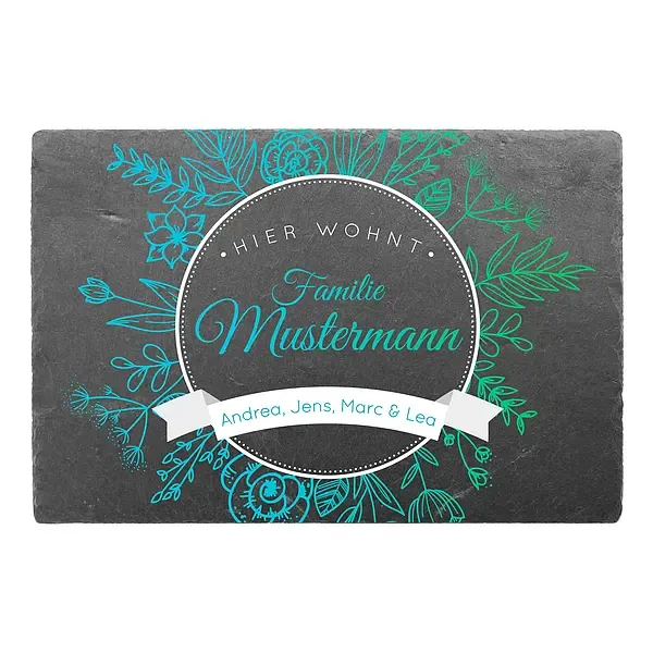 Türschild mit Namen und Blumen auf Schiefer 30 x 20 cm Türschild mit Namen und Blumen auf Schiefer 30 x 20 cm