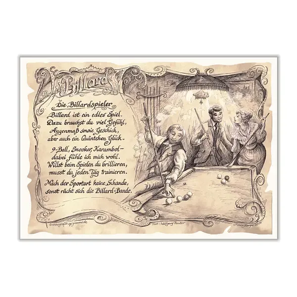 Sportbild Billardspieler auf Antikpapier im A4-Format Sportbild Billardspieler auf Antikpapier im A4-Format