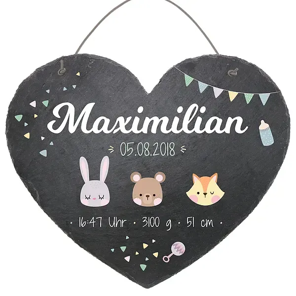Geschenk zur Geburt - bedrucktes Schieferherz in der Größe 24 cm Geschenk zur Geburt - bedrucktes Schieferherz in der Größe 24 cm