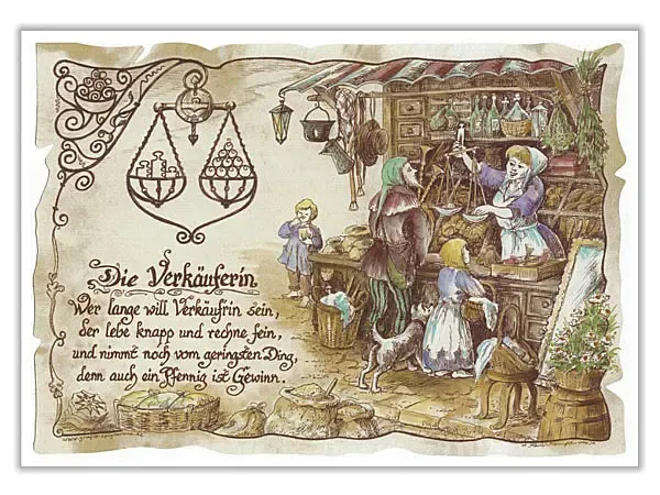 Zunftbild Verkäuferin auf Antikpapier im A4-Format Zunftbild Verkäuferin auf Antikpapier im A4-Format