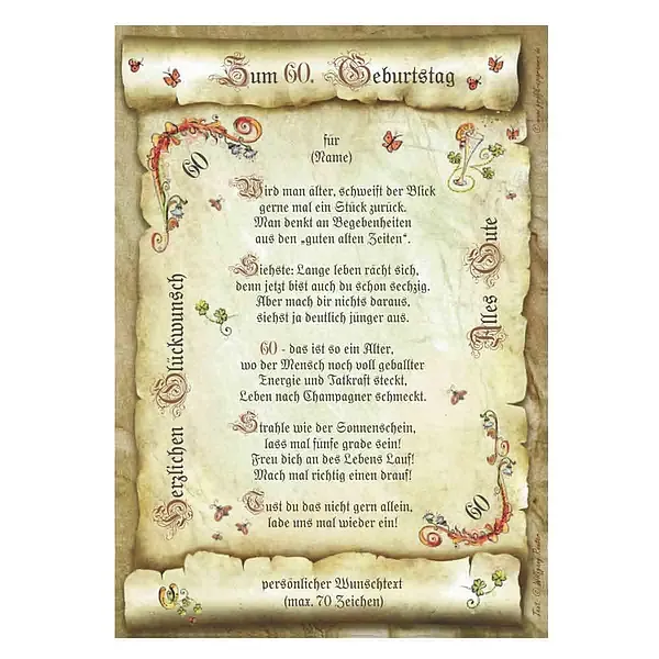 Urkunde zum 60. Geburtstag mit Ihrem Wunschtext Urkunde zum 60. Geburtstag mit Ihrem Wunschtext
