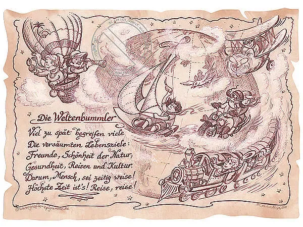 Kunstbild Weltenbummler auf Antikpapier im A4-Format Kunstbild Weltenbummler auf Antikpapier im A4-Format
