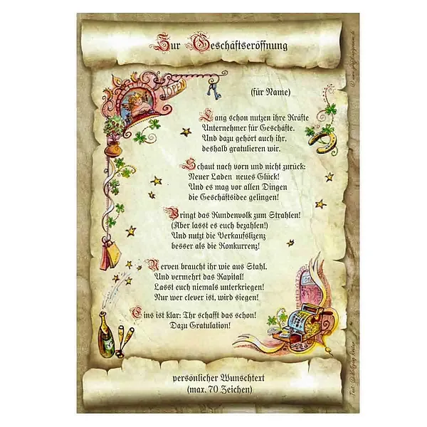 Urkunde zur Geschäftseröffnung mit Ihrem Wunschtext Urkunde zur Geschäftseröffnung mit Ihrem Wunschtext