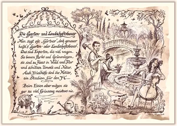 Zunftbild Garten- und Landschaftsbauer auf Antikpapier im A4-Format Zunftbild Garten- und Landschaftsbauer auf Antikpapier im A4-Format