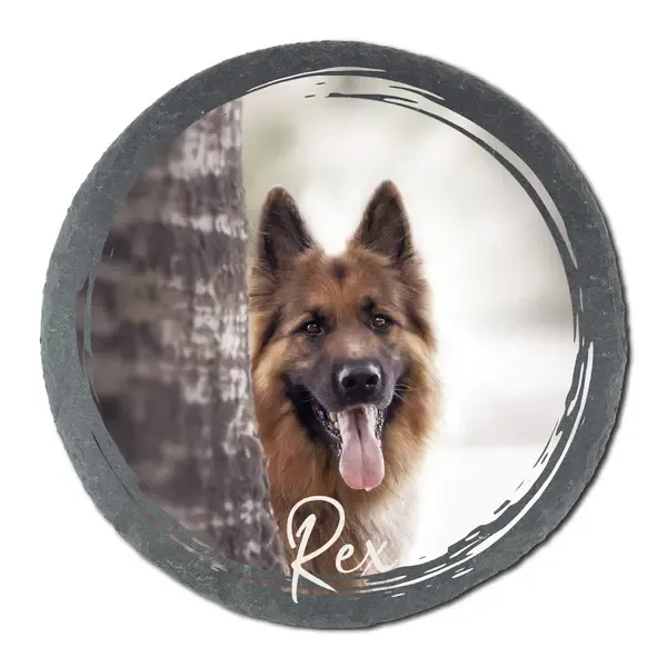Runde Schiefertafel mit Hundefoto und Name Runde Schiefertafel mit Hundefoto und Name