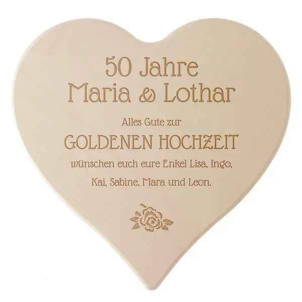 Schneidebrett aus Holz mit Gravur zur "Goldenen Hochzeit" Größe: 24 x 24 x 1,4 cm Schneidebrett aus Holz mit Gravur zur "Goldenen Hochzeit" Größe: 24 x 24 x 1,4 cm